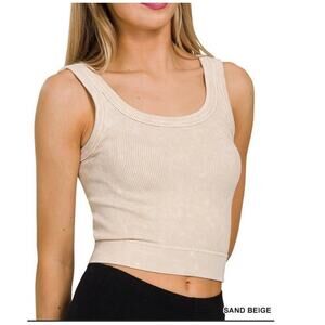 Zenana Sand Beige Washed Ribbed Cropped Seamless Scoop Tank Brami
